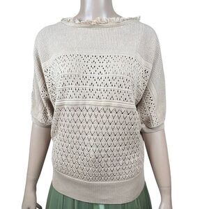 NWT Kobi Halperin Tan Open Stitch Fringe Pullover Sweater Top S
